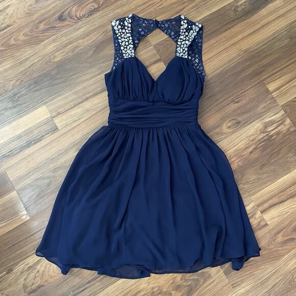 B. Smart Formal Cocktail Dress Size 7 - Dark Blue Prom Gown Beaded Rhinestones - Picture 1 of 8